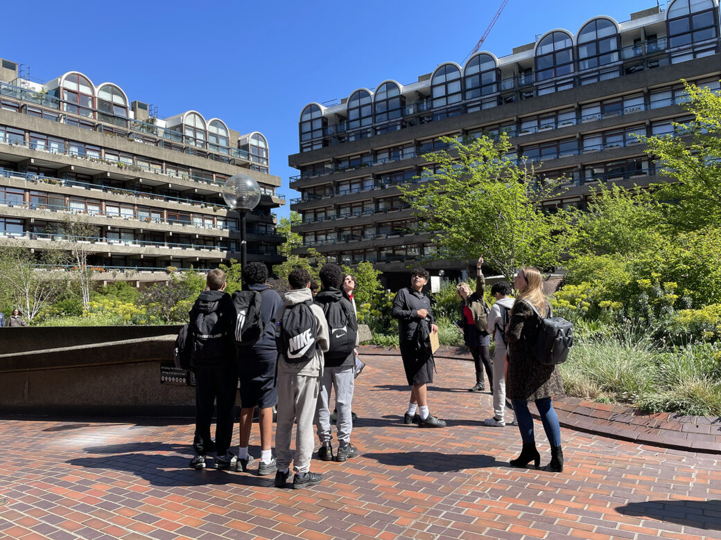 Acland Burghley School students enjoying the tour of the Barbican Estate