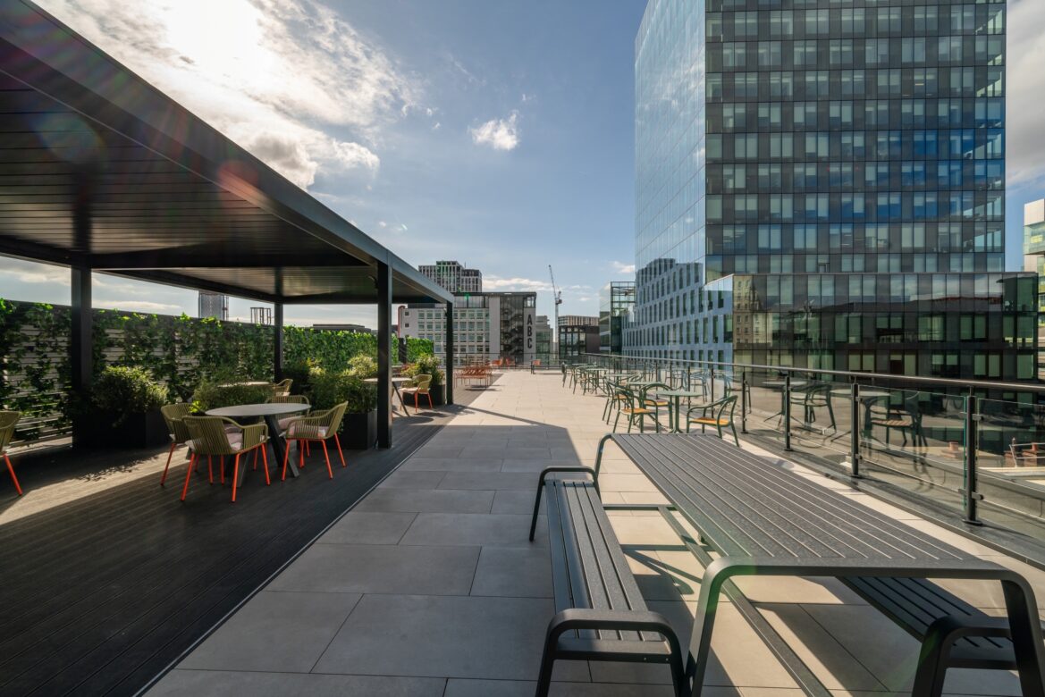 Quoin, Manchester Workplace Refurbishment - Outdoor space with ABC building in the background