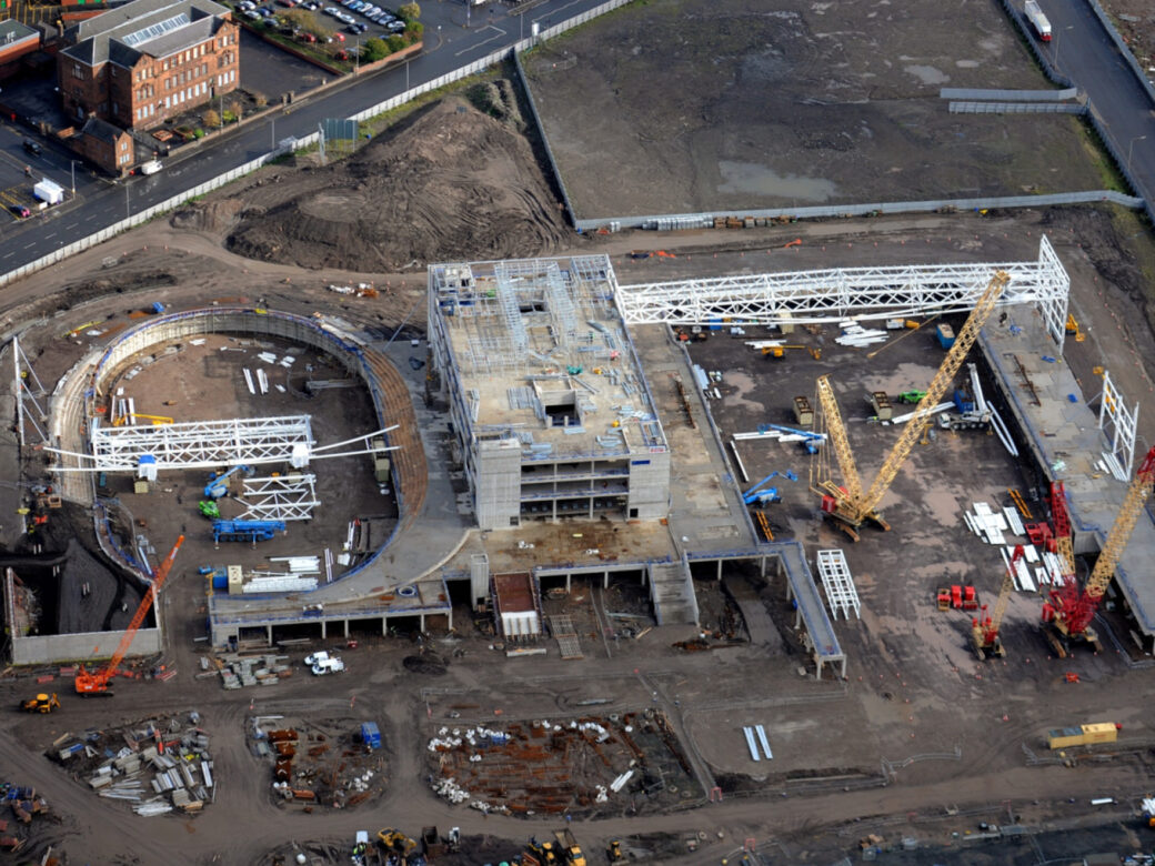 Ariel image of the construction of the Glasgow International Arena and Velodrome