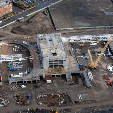 Ariel image of the construction of the Glasgow International Arena and Velodrome