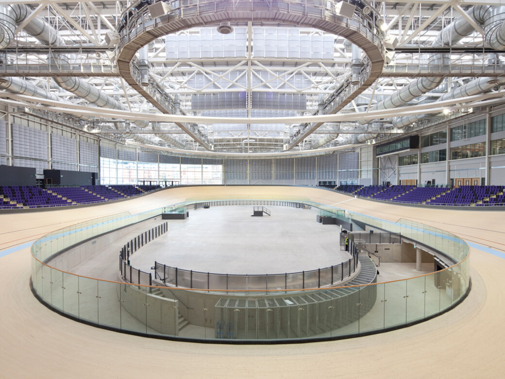 Indoor Velodrome in Glasgow International Arena, and Sir Chris Hoy Velodrome large beams visible