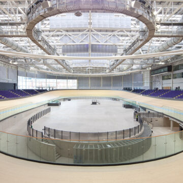 Indoor Velodrome in Glasgow International Arena, and Sir Chris Hoy Velodrome large beams visible